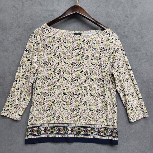 Ann Taylor Blouse 3/4 Sleeve Ivory Green Pink Floral‎  Size Medium - Picture 1 of 5
